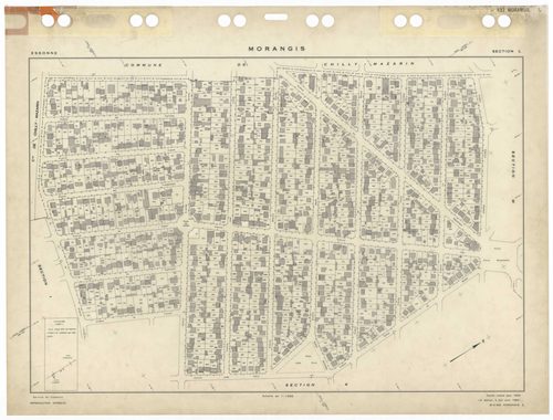 MORANGIS, plans minutes de conservation : tableau d'assemblage,1953, Ech. 1/5000 ; plans des sections Au, Bu, Cu, Du, Eu, Fu, Gu, Hu, Iu, Ku, Lu, Mu, 1953, Ech. 1/1000. Polyester. N et B. Dim. 105 x 80 cm [13 plans]. 