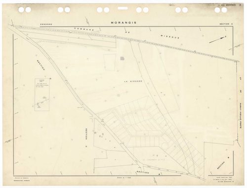 MORANGIS, plans minutes de conservation : tableau d'assemblage,1953, Ech. 1/5000 ; plans des sections Au, Bu, Cu, Du, Eu, Fu, Gu, Hu, Iu, Ku, Lu, Mu, 1953, Ech. 1/1000. Polyester. N et B. Dim. 105 x 80 cm [13 plans]. 