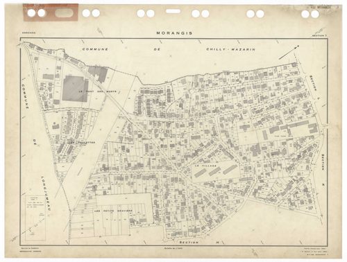 MORANGIS, plans minutes de conservation : tableau d'assemblage,1953, Ech. 1/5000 ; plans des sections Au, Bu, Cu, Du, Eu, Fu, Gu, Hu, Iu, Ku, Lu, Mu, 1953, Ech. 1/1000. Polyester. N et B. Dim. 105 x 80 cm [13 plans]. 