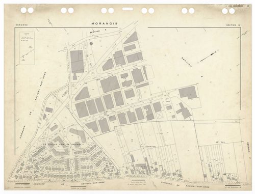 MORANGIS, plans minutes de conservation : tableau d'assemblage,1953, Ech. 1/5000 ; plans des sections Au, Bu, Cu, Du, Eu, Fu, Gu, Hu, Iu, Ku, Lu, Mu, 1953, Ech. 1/1000. Polyester. N et B. Dim. 105 x 80 cm [13 plans]. 