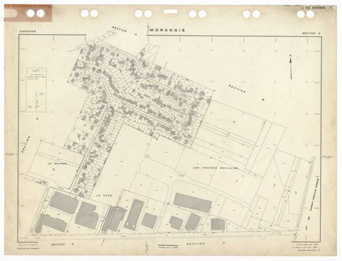 MORANGIS, plans minutes de conservation : tableau d'assemblage,1953, Ech. 1/5000 ; plans des sections Au, Bu, Cu, Du, Eu, Fu, Gu, Hu, Iu, Ku, Lu, Mu, 1953, Ech. 1/1000. Polyester. N et B. Dim. 105 x 80 cm [13 plans]. 