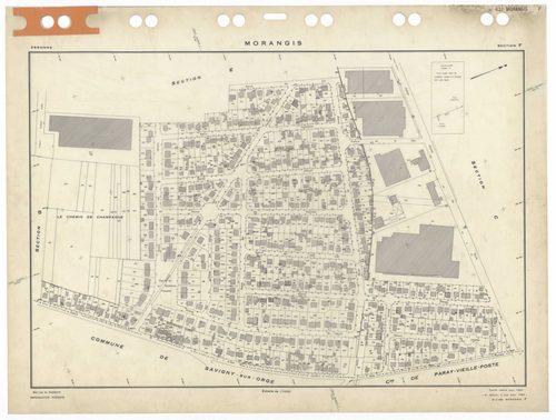 MORANGIS, plans minutes de conservation : tableau d'assemblage,1953, Ech. 1/5000 ; plans des sections Au, Bu, Cu, Du, Eu, Fu, Gu, Hu, Iu, Ku, Lu, Mu, 1953, Ech. 1/1000. Polyester. N et B. Dim. 105 x 80 cm [13 plans]. 