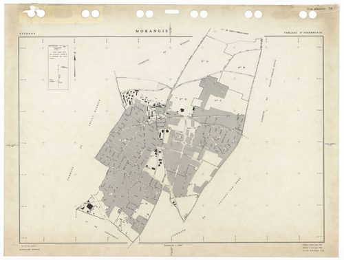 MORANGIS, plans minutes de conservation : tableau d'assemblage,1953, Ech. 1/5000 ; plans des sections Au, Bu, Cu, Du, Eu, Fu, Gu, Hu, Iu, Ku, Lu, Mu, 1953, Ech. 1/1000. Polyester. N et B. Dim. 105 x 80 cm [13 plans]. 