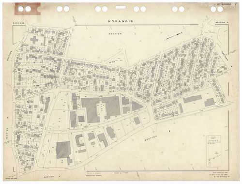 MORANGIS, plans minutes de conservation : tableau d'assemblage,1953, Ech. 1/5000 ; plans des sections Au, Bu, Cu, Du, Eu, Fu, Gu, Hu, Iu, Ku, Lu, Mu, 1953, Ech. 1/1000. Polyester. N et B. Dim. 105 x 80 cm [13 plans]. 