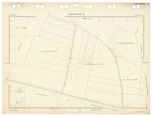 MORANGIS, plans minutes de conservation : tableau d'assemblage,1953, Ech. 1/5000 ; plans des sections Au, Bu, Cu, Du, Eu, Fu, Gu, Hu, Iu, Ku, Lu, Mu, 1953, Ech. 1/1000. Polyester. N et B. Dim. 105 x 80 cm [13 plans]. 
