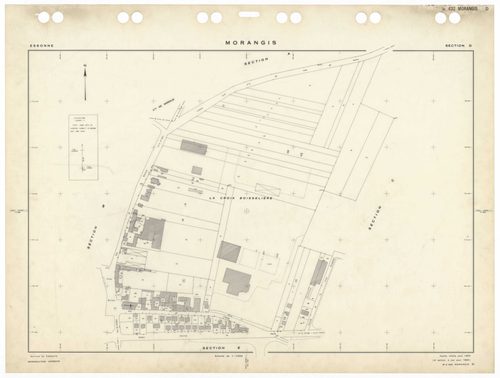 MORANGIS, plans minutes de conservation : tableau d'assemblage,1953, Ech. 1/5000 ; plans des sections Au, Bu, Cu, Du, Eu, Fu, Gu, Hu, Iu, Ku, Lu, Mu, 1953, Ech. 1/1000. Polyester. N et B. Dim. 105 x 80 cm [13 plans]. 