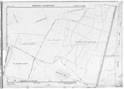 MORIGNY-CHAMPIGNY. - Cadastre rénové pour 1954 : plan du tableau d'assemblage, plans de la section A , section D, section J, [4 plans]. 