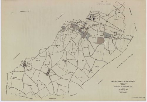 MORIGNY-CHAMPIGNY, plans minutes de conservation : tableau d'assemblage, 1954, Ech. 1/10000 ; plans des sections A, B, C2, C2a, D, E, F, G, H, I2, J, K, L, M, N, O, P, Q, R, S2, T, U, V, W1, X, 1954, Ech. 1/2000, sections C1, I1, S1, W2, 1954, Ech. 1/1000