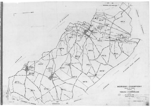 MORIGNY-CHAMPIGNY. - Cadastre rénové pour 1954 : plan du tableau d'assemblage, plans de la section A , section D, section J, [4 plans]. 
