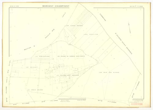 Plans minutes de conservation : MORIGNY-CHAMPIGNY : tableau d'assemblage n°1, ech. 1/10000 (1954), sections I1, S1, W2, ech. 1/1000 (1954), sections A, B, C1, C2a, C2b, D, E, F, G, H, I2, K, L, M, N, O, P, Q, R, S2, T, U, V, W1, X, ech. 1/2000 (1954) ; ta