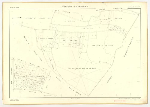 Plans minutes de conservation : MORIGNY-CHAMPIGNY : tableau d'assemblage n°1, ech. 1/10000 (1954), sections I1, S1, W2, ech. 1/1000 (1954), sections A, B, C1, C2a, C2b, D, E, F, G, H, I2, K, L, M, N, O, P, Q, R, S2, T, U, V, W1, X, ech. 1/2000 (1954) ; ta