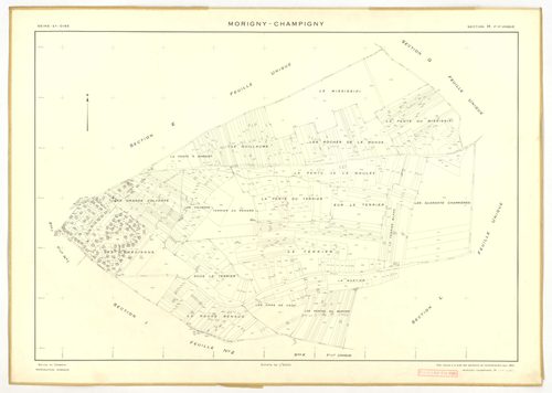 Plans minutes de conservation : MORIGNY-CHAMPIGNY : tableau d'assemblage n°1, ech. 1/10000 (1954), sections I1, S1, W2, ech. 1/1000 (1954), sections A, B, C1, C2a, C2b, D, E, F, G, H, I2, K, L, M, N, O, P, Q, R, S2, T, U, V, W1, X, ech. 1/2000 (1954) ; ta