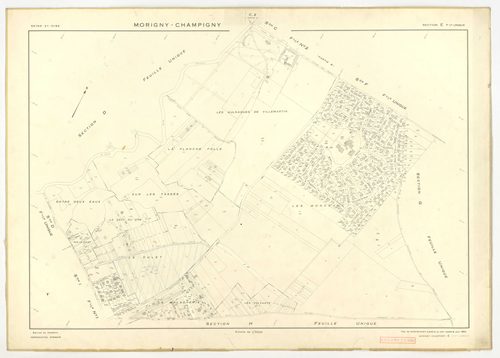 Plans minutes de conservation : MORIGNY-CHAMPIGNY : tableau d'assemblage n°1, ech. 1/10000 (1954), sections I1, S1, W2, ech. 1/1000 (1954), sections A, B, C1, C2a, C2b, D, E, F, G, H, I2, K, L, M, N, O, P, Q, R, S2, T, U, V, W1, X, ech. 1/2000 (1954) ; ta