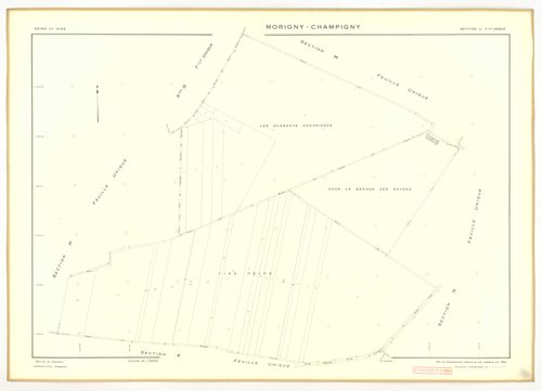 Plans minutes de conservation : MORIGNY-CHAMPIGNY : tableau d'assemblage n°1, ech. 1/10000 (1954), sections I1, S1, W2, ech. 1/1000 (1954), sections A, B, C1, C2a, C2b, D, E, F, G, H, I2, K, L, M, N, O, P, Q, R, S2, T, U, V, W1, X, ech. 1/2000 (1954) ; ta
