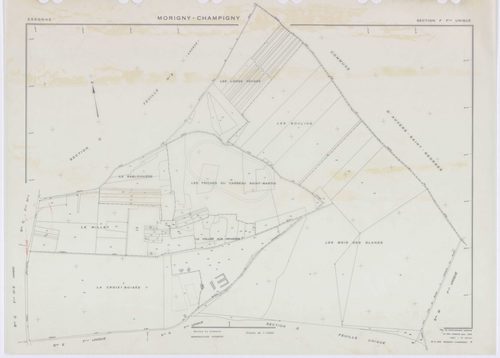 MORIGNY-CHAMPIGNY, plans minutes de conservation : tableau d'assemblage, 1954, Ech. 1/10000 ; plans des sections A, B, C2, C2a, D, E, F, G, H, I2, J, K, L, M, N, O, P, Q, R, S2, T, U, V, W1, X, 1954, Ech. 1/2000, sections C1, I1, S1, W2, 1954, Ech. 1/1000