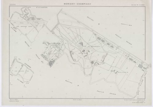 MORIGNY-CHAMPIGNY, plans minutes de conservation : tableau d'assemblage, 1954, Ech. 1/10000 ; plans des sections A, B, C2, C2a, D, E, F, G, H, I2, J, K, L, M, N, O, P, Q, R, S2, T, U, V, W1, X, 1954, Ech. 1/2000, sections C1, I1, S1, W2, 1954, Ech. 1/1000