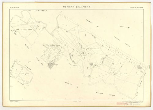 Plans minutes de conservation : MORIGNY-CHAMPIGNY : tableau d'assemblage n°1, ech. 1/10000 (1954), sections I1, S1, W2, ech. 1/1000 (1954), sections A, B, C1, C2a, C2b, D, E, F, G, H, I2, K, L, M, N, O, P, Q, R, S2, T, U, V, W1, X, ech. 1/2000 (1954) ; ta