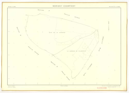 Plans minutes de conservation : MORIGNY-CHAMPIGNY : tableau d'assemblage n°1, ech. 1/10000 (1954), sections I1, S1, W2, ech. 1/1000 (1954), sections A, B, C1, C2a, C2b, D, E, F, G, H, I2, K, L, M, N, O, P, Q, R, S2, T, U, V, W1, X, ech. 1/2000 (1954) ; ta