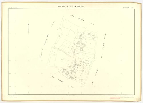 Plans minutes de conservation : MORIGNY-CHAMPIGNY : tableau d'assemblage n°1, ech. 1/10000 (1954), sections I1, S1, W2, ech. 1/1000 (1954), sections A, B, C1, C2a, C2b, D, E, F, G, H, I2, K, L, M, N, O, P, Q, R, S2, T, U, V, W1, X, ech. 1/2000 (1954) ; ta