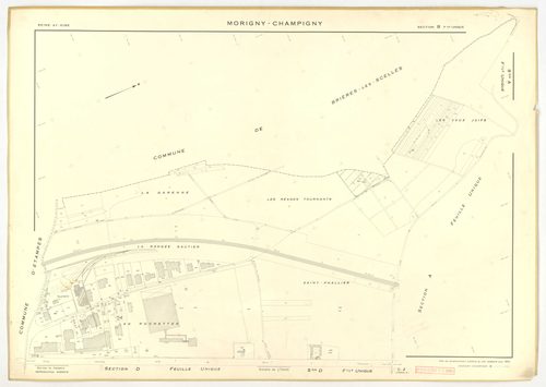 Plans minutes de conservation : MORIGNY-CHAMPIGNY : tableau d'assemblage n°1, ech. 1/10000 (1954), sections I1, S1, W2, ech. 1/1000 (1954), sections A, B, C1, C2a, C2b, D, E, F, G, H, I2, K, L, M, N, O, P, Q, R, S2, T, U, V, W1, X, ech. 1/2000 (1954) ; ta