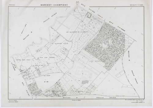 MORIGNY-CHAMPIGNY, plans minutes de conservation : tableau d'assemblage, 1954, Ech. 1/10000 ; plans des sections A, B, C2, C2a, D, E, F, G, H, I2, J, K, L, M, N, O, P, Q, R, S2, T, U, V, W1, X, 1954, Ech. 1/2000, sections C1, I1, S1, W2, 1954, Ech. 1/1000