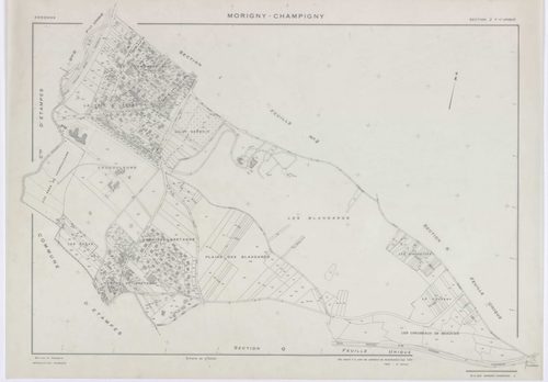 MORIGNY-CHAMPIGNY, plans minutes de conservation : tableau d'assemblage, 1954, Ech. 1/10000 ; plans des sections A, B, C2, C2a, D, E, F, G, H, I2, J, K, L, M, N, O, P, Q, R, S2, T, U, V, W1, X, 1954, Ech. 1/2000, sections C1, I1, S1, W2, 1954, Ech. 1/1000