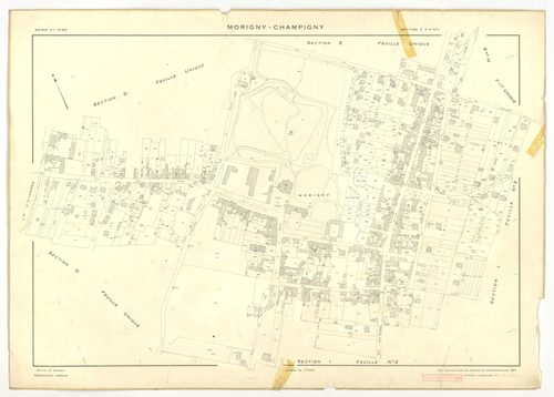 Plans minutes de conservation : MORIGNY-CHAMPIGNY : tableau d'assemblage n°1, ech. 1/10000 (1954), sections I1, S1, W2, ech. 1/1000 (1954), sections A, B, C1, C2a, C2b, D, E, F, G, H, I2, K, L, M, N, O, P, Q, R, S2, T, U, V, W1, X, ech. 1/2000 (1954) ; ta