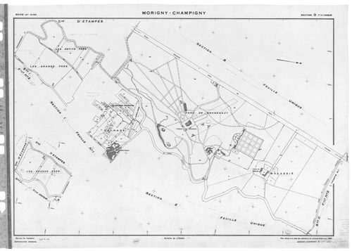 MORIGNY-CHAMPIGNY. - Cadastre rénové pour 1954 : plan du tableau d'assemblage, plans de la section A , section D, section J, [4 plans]. 