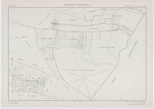 MORIGNY-CHAMPIGNY, plans minutes de conservation : tableau d'assemblage, 1954, Ech. 1/10000 ; plans des sections A, B, C2, C2a, D, E, F, G, H, I2, J, K, L, M, N, O, P, Q, R, S2, T, U, V, W1, X, 1954, Ech. 1/2000, sections C1, I1, S1, W2, 1954, Ech. 1/1000