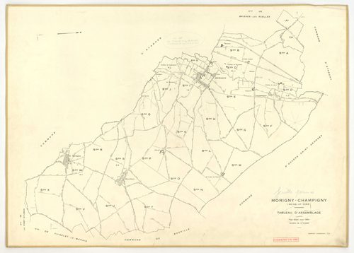 Plans minutes de conservation : MORIGNY-CHAMPIGNY : tableau d'assemblage n°1, ech. 1/10000 (1954), sections I1, S1, W2, ech. 1/1000 (1954), sections A, B, C1, C2a, C2b, D, E, F, G, H, I2, K, L, M, N, O, P, Q, R, S2, T, U, V, W1, X, ech. 1/2000 (1954) ; ta