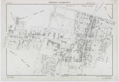 MORIGNY-CHAMPIGNY, plans minutes de conservation : tableau d'assemblage, 1954, Ech. 1/10000 ; plans des sections A, B, C2, C2a, D, E, F, G, H, I2, J, K, L, M, N, O, P, Q, R, S2, T, U, V, W1, X, 1954, Ech. 1/2000, sections C1, I1, S1, W2, 1954, Ech. 1/1000