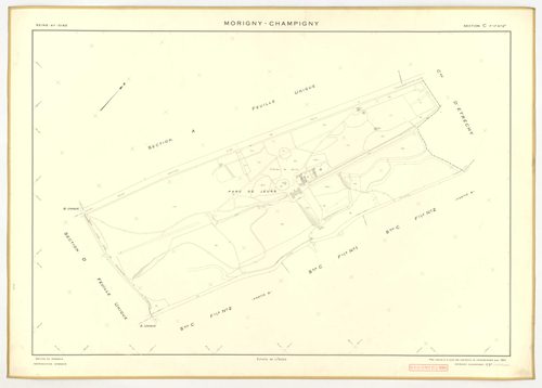 Plans minutes de conservation : MORIGNY-CHAMPIGNY : tableau d'assemblage n°1, ech. 1/10000 (1954), sections I1, S1, W2, ech. 1/1000 (1954), sections A, B, C1, C2a, C2b, D, E, F, G, H, I2, K, L, M, N, O, P, Q, R, S2, T, U, V, W1, X, ech. 1/2000 (1954) ; ta