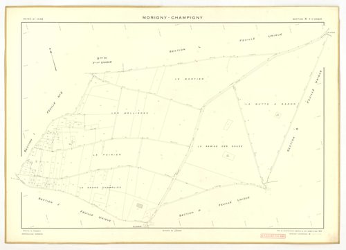 Plans minutes de conservation : MORIGNY-CHAMPIGNY : tableau d'assemblage n°1, ech. 1/10000 (1954), sections I1, S1, W2, ech. 1/1000 (1954), sections A, B, C1, C2a, C2b, D, E, F, G, H, I2, K, L, M, N, O, P, Q, R, S2, T, U, V, W1, X, ech. 1/2000 (1954) ; ta