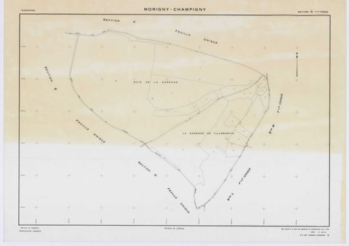 MORIGNY-CHAMPIGNY, plans minutes de conservation : tableau d'assemblage, 1954, Ech. 1/10000 ; plans des sections A, B, C2, C2a, D, E, F, G, H, I2, J, K, L, M, N, O, P, Q, R, S2, T, U, V, W1, X, 1954, Ech. 1/2000, sections C1, I1, S1, W2, 1954, Ech. 1/1000