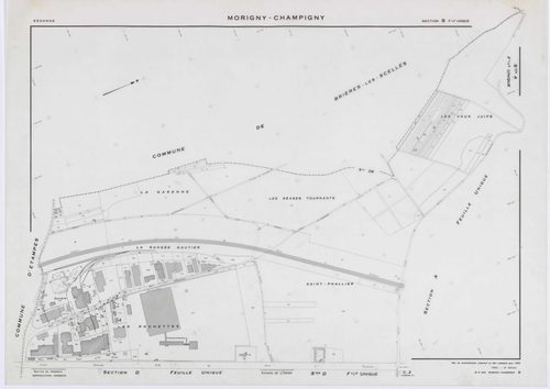 MORIGNY-CHAMPIGNY, plans minutes de conservation : tableau d'assemblage, 1954, Ech. 1/10000 ; plans des sections A, B, C2, C2a, D, E, F, G, H, I2, J, K, L, M, N, O, P, Q, R, S2, T, U, V, W1, X, 1954, Ech. 1/2000, sections C1, I1, S1, W2, 1954, Ech. 1/1000