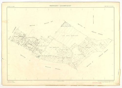 Plans minutes de conservation : MORIGNY-CHAMPIGNY : tableau d'assemblage n°1, ech. 1/10000 (1954), sections I1, S1, W2, ech. 1/1000 (1954), sections A, B, C1, C2a, C2b, D, E, F, G, H, I2, K, L, M, N, O, P, Q, R, S2, T, U, V, W1, X, ech. 1/2000 (1954) ; ta