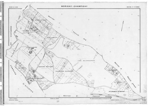 MORIGNY-CHAMPIGNY. - Cadastre rénové pour 1954 : plan du tableau d'assemblage, plans de la section A , section D, section J, [4 plans]. 