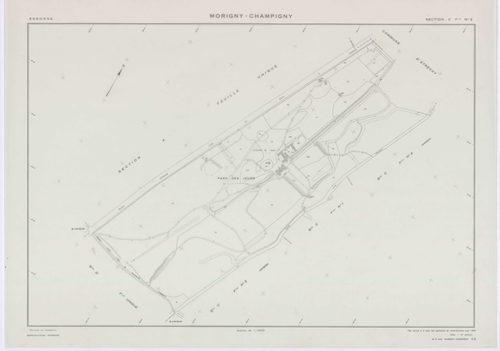 MORIGNY-CHAMPIGNY, plans minutes de conservation : tableau d'assemblage, 1954, Ech. 1/10000 ; plans des sections A, B, C2, C2a, D, E, F, G, H, I2, J, K, L, M, N, O, P, Q, R, S2, T, U, V, W1, X, 1954, Ech. 1/2000, sections C1, I1, S1, W2, 1954, Ech. 1/1000