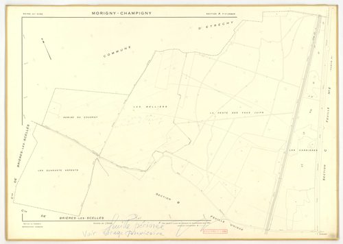 Plans minutes de conservation : MORIGNY-CHAMPIGNY : tableau d'assemblage n°1, ech. 1/10000 (1954), sections I1, S1, W2, ech. 1/1000 (1954), sections A, B, C1, C2a, C2b, D, E, F, G, H, I2, K, L, M, N, O, P, Q, R, S2, T, U, V, W1, X, ech. 1/2000 (1954) ; ta