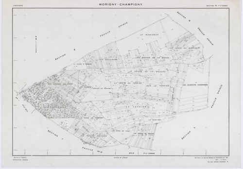 MORIGNY-CHAMPIGNY, plans minutes de conservation : tableau d'assemblage, 1954, Ech. 1/10000 ; plans des sections A, B, C2, C2a, D, E, F, G, H, I2, J, K, L, M, N, O, P, Q, R, S2, T, U, V, W1, X, 1954, Ech. 1/2000, sections C1, I1, S1, W2, 1954, Ech. 1/1000