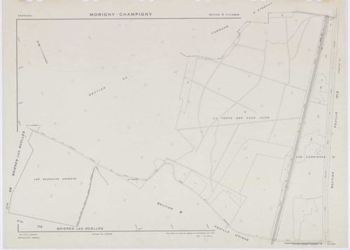 MORIGNY-CHAMPIGNY, plans minutes de conservation : tableau d'assemblage, 1954, Ech. 1/10000 ; plans des sections A, B, C2, C2a, D, E, F, G, H, I2, J, K, L, M, N, O, P, Q, R, S2, T, U, V, W1, X, 1954, Ech. 1/2000, sections C1, I1, S1, W2, 1954, Ech. 1/1000