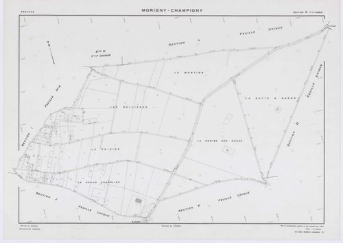 MORIGNY-CHAMPIGNY, plans minutes de conservation : tableau d'assemblage, 1954, Ech. 1/10000 ; plans des sections A, B, C2, C2a, D, E, F, G, H, I2, J, K, L, M, N, O, P, Q, R, S2, T, U, V, W1, X, 1954, Ech. 1/2000, sections C1, I1, S1, W2, 1954, Ech. 1/1000