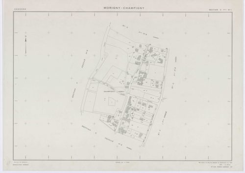 MORIGNY-CHAMPIGNY, plans minutes de conservation : tableau d'assemblage, 1954, Ech. 1/10000 ; plans des sections A, B, C2, C2a, D, E, F, G, H, I2, J, K, L, M, N, O, P, Q, R, S2, T, U, V, W1, X, 1954, Ech. 1/2000, sections C1, I1, S1, W2, 1954, Ech. 1/1000