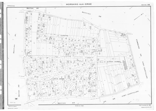 MORSANG-SUR-ORGE. - Cadastre révisé pour 1959 : plan du tableau d'assemblage ; cadastre renouvelé pour 1959 : plans de la section AB, section AC, section AD, section AE, section AH, section AI, section AK, section AL, section AM, section AN, section AO, s