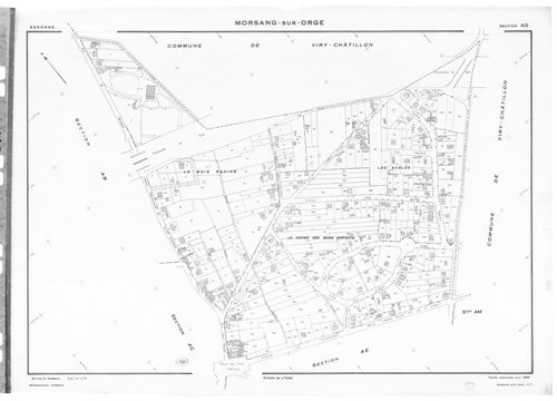 MORSANG-SUR-ORGE. - Cadastre révisé pour 1959 : plan du tableau d'assemblage ; cadastre renouvelé pour 1959 : plans de la section AB, section AC, section AD, section AE, section AH, section AI, section AK, section AL, section AM, section AN, section AO, s