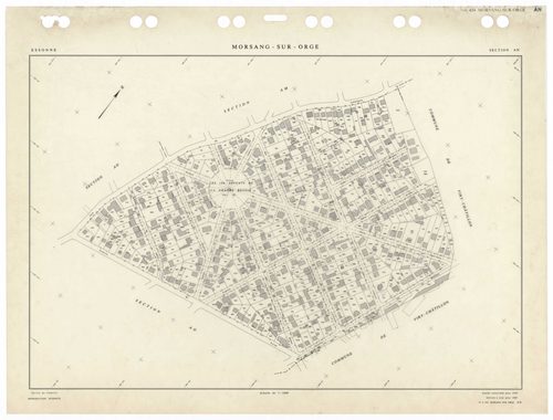 MORSANG-SUR-ORGE, plans minutes de conservation : tableau d'assemblage,1959, Ech. 1/5000 ; plans des sections AB, AC, AD, AE, AH, AI, AK, AL, AM, AN, AO, AP, AR, AS, AT, AV, AW, 1959, Ech. 1/1000. Polyester. N et B. Dim. 105 x 80 cm [18 plans]. 
