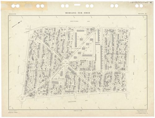 MORSANG-SUR-ORGE, plans minutes de conservation : tableau d'assemblage,1959, Ech. 1/5000 ; plans des sections AB, AC, AD, AE, AH, AI, AK, AL, AM, AN, AO, AP, AR, AS, AT, AV, AW, 1959, Ech. 1/1000. Polyester. N et B. Dim. 105 x 80 cm [18 plans]. 