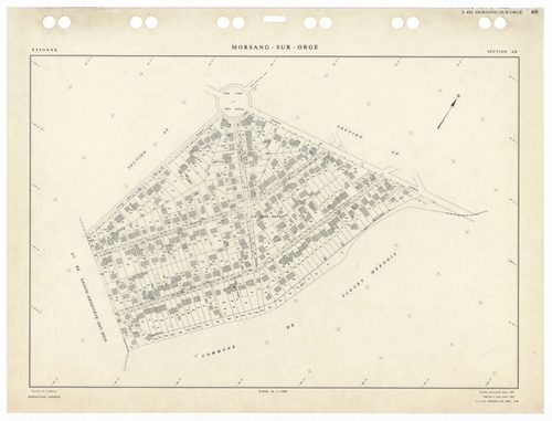 MORSANG-SUR-ORGE, plans minutes de conservation : tableau d'assemblage,1959, Ech. 1/5000 ; plans des sections AB, AC, AD, AE, AH, AI, AK, AL, AM, AN, AO, AP, AR, AS, AT, AV, AW, 1959, Ech. 1/1000. Polyester. N et B. Dim. 105 x 80 cm [18 plans]. 