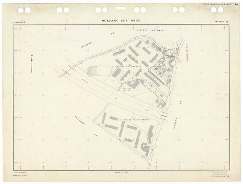 MORSANG-SUR-ORGE, plans minutes de conservation : tableau d'assemblage,1959, Ech. 1/5000 ; plans des sections AB, AC, AD, AE, AH, AI, AK, AL, AM, AN, AO, AP, AR, AS, AT, AV, AW, 1959, Ech. 1/1000. Polyester. N et B. Dim. 105 x 80 cm [18 plans]. 