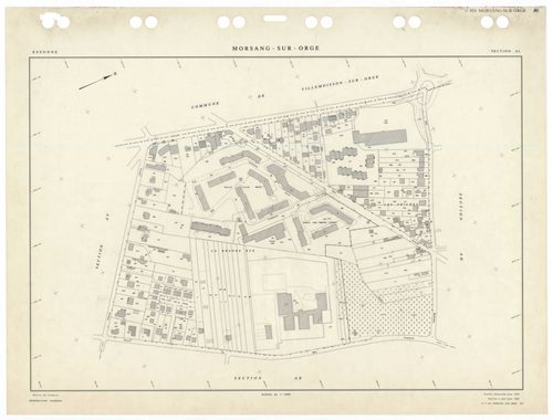 MORSANG-SUR-ORGE, plans minutes de conservation : tableau d'assemblage,1959, Ech. 1/5000 ; plans des sections AB, AC, AD, AE, AH, AI, AK, AL, AM, AN, AO, AP, AR, AS, AT, AV, AW, 1959, Ech. 1/1000. Polyester. N et B. Dim. 105 x 80 cm [18 plans]. 